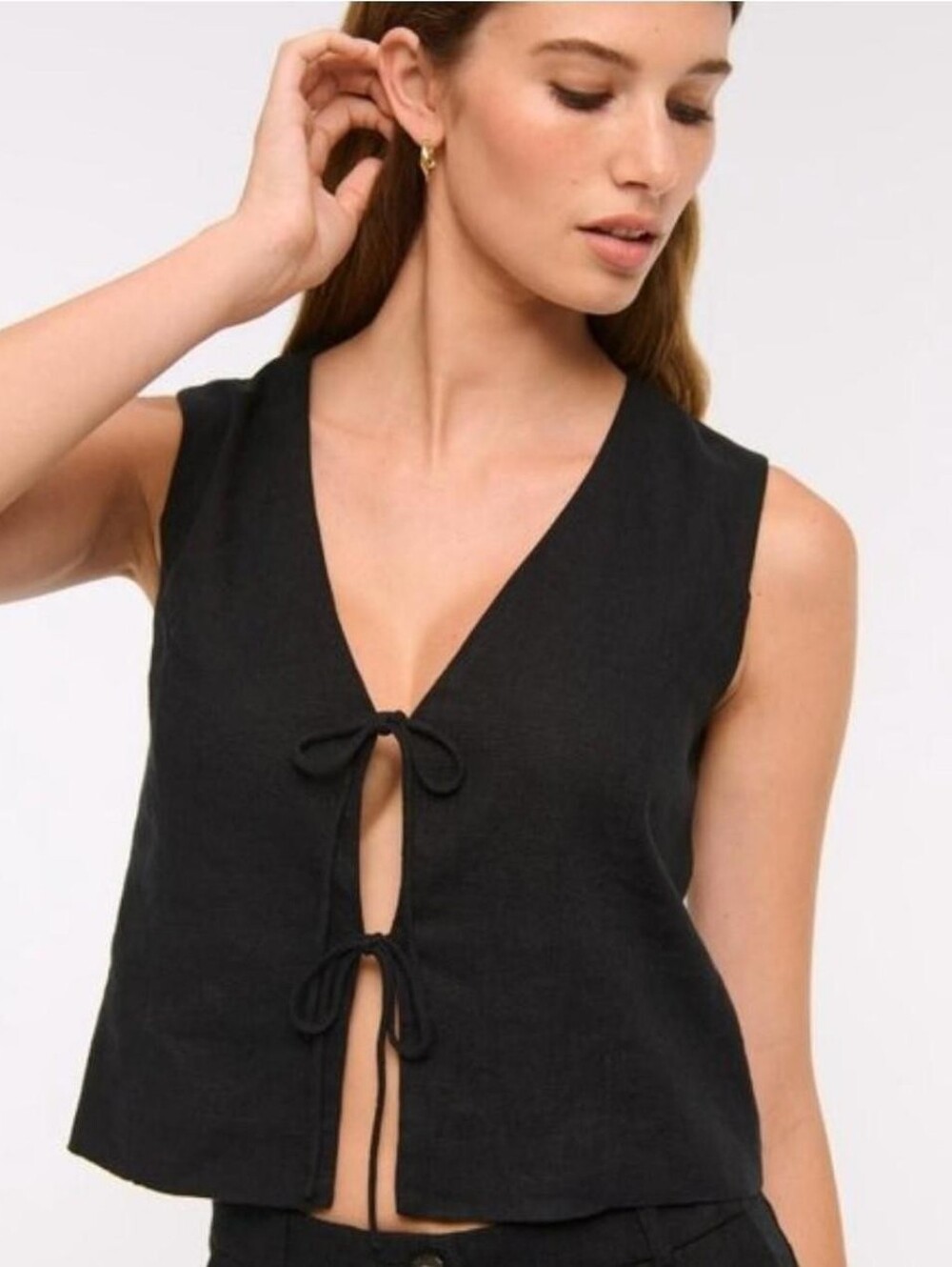 Abercrombie & Fitch Linen Vest Tank Top Tie Front Shirt Black Sleeveless Small